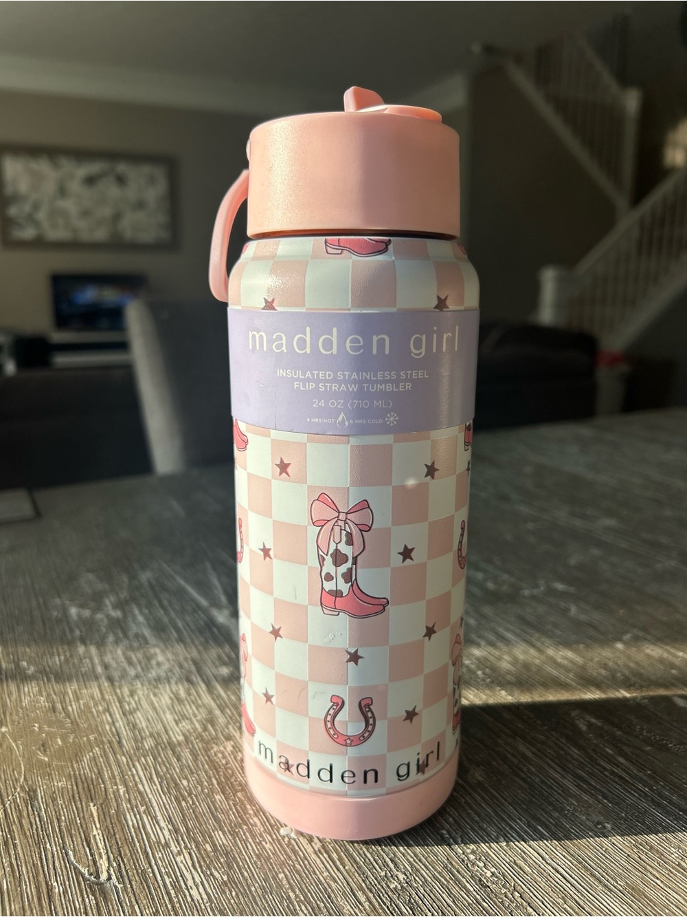 Madden Girl Pink Checkered Cowboy Boot Flip Straw Tumbler